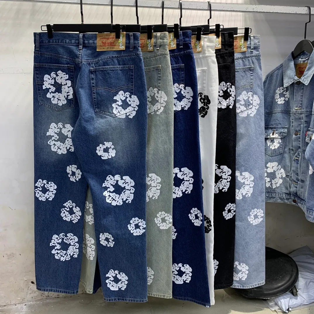 D107# P200 Denim Tears Kapok printed denim high-quality jeans trousers. The official website has the most complete version and color matching, 6 colors! ! !  color: dark blue, light blue, retro blue, denim blue, black, white size: 30 32 34 36